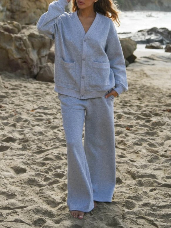 Women's V-Neck Button Casual Two-Piece Set