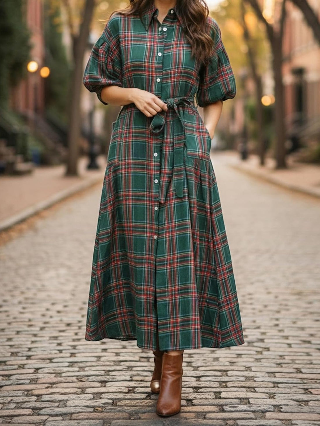 Women's Puff Sleeve Plaid Long Dress
