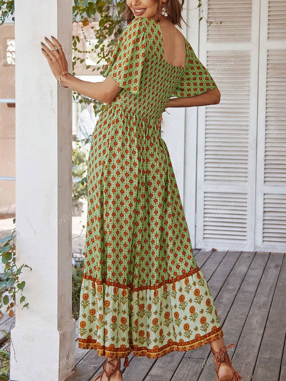 Women's Floral Print Square Neck Flared Short Sleeve Dress