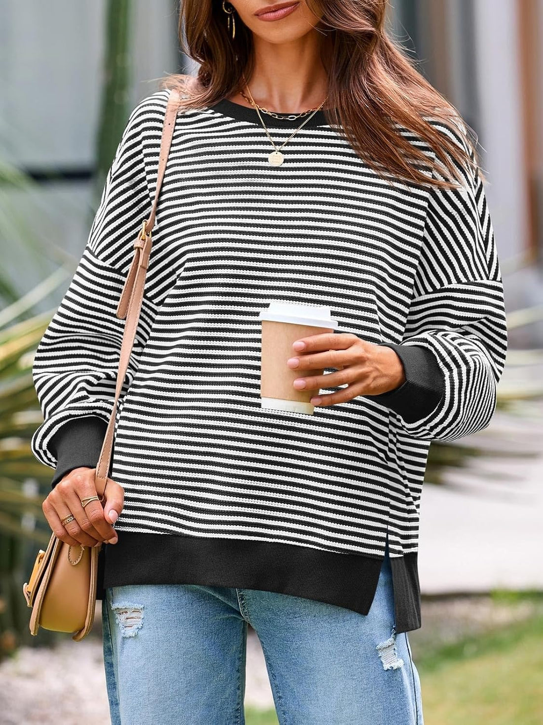 Women's Oversized Sweatshirt Waffle Long Sleeve Split Pullover Tunic Tops