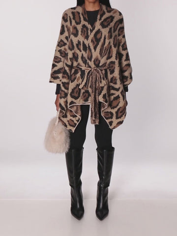 Leopard Print Open Front Poncho with Tie Waist Belt
