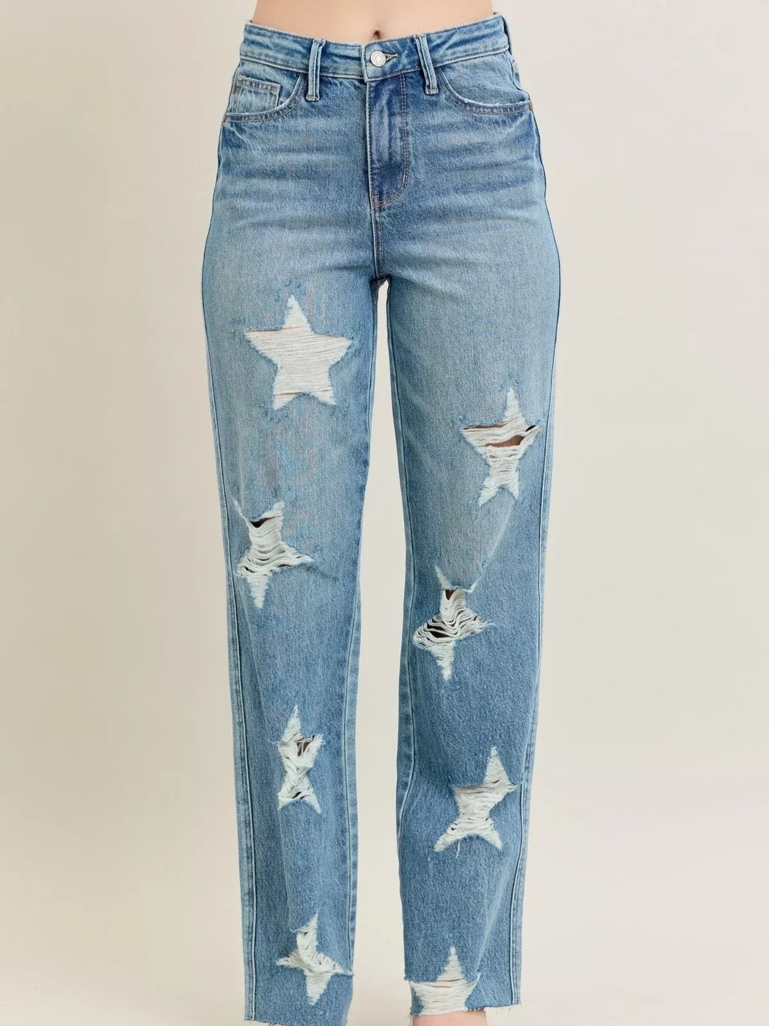 Women's Ripped Star Pattern Straight-Leg Denim Pants