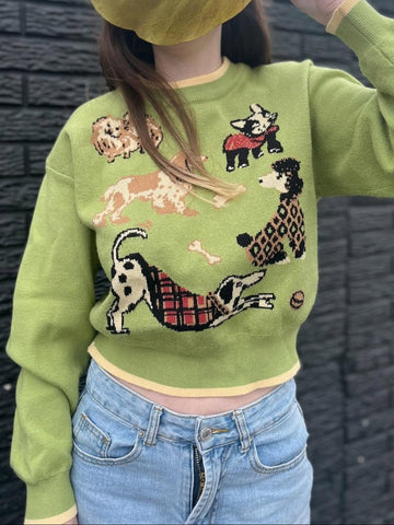 Women's Playful Puppy Pattern Relaxed Fit Knit Top
