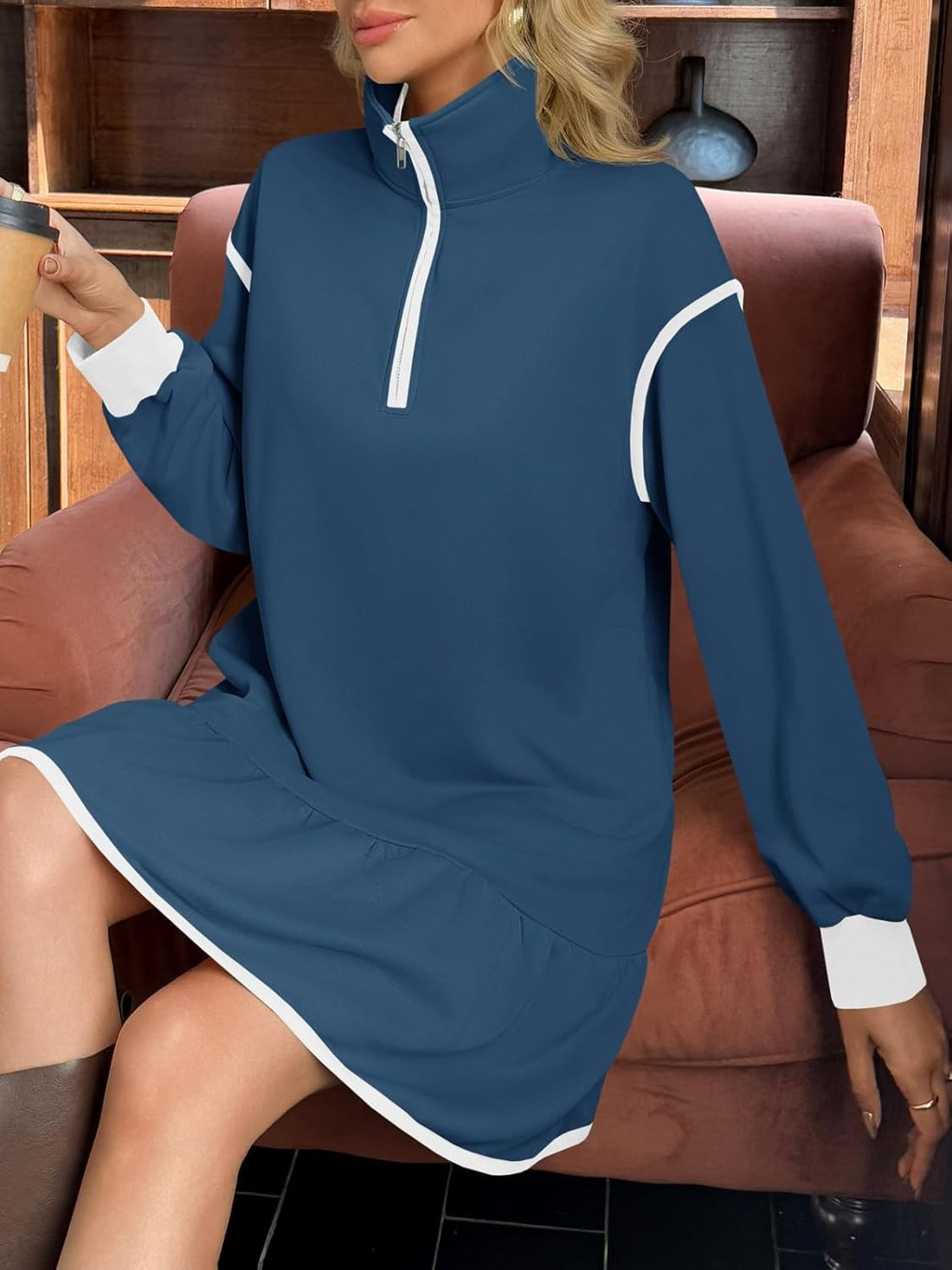 Women's Color Block Long Sleeve Relaxed Fit Dress
