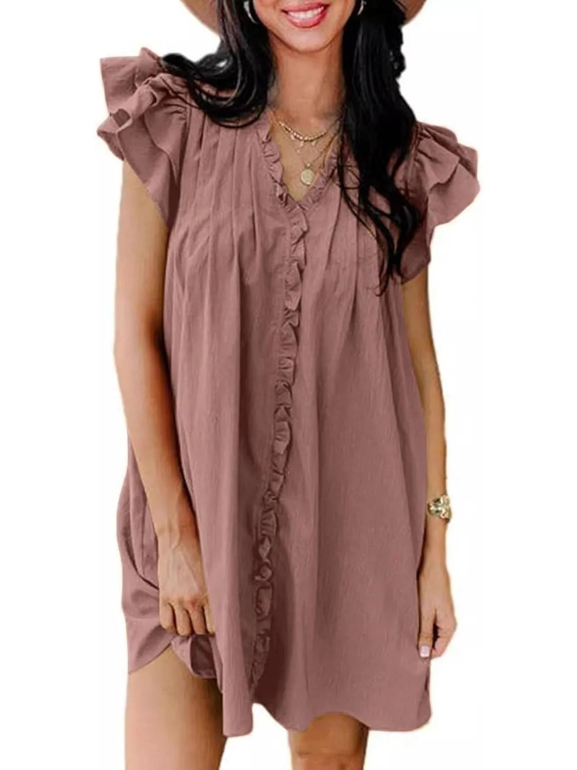 Women's Elegant Ruffle Short Sleeve Buttoned V Neck Pleated Dresses