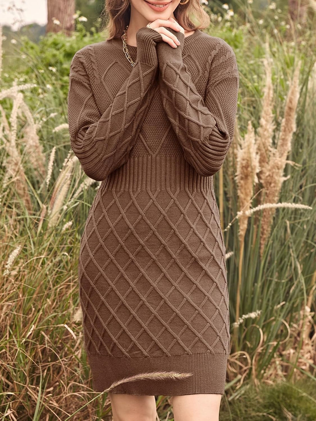 Women's Long Sleeve Crewneck Diamond Knit Sweater Dress