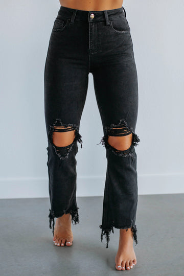 Women's Distressed Stretch High Rise Straight Jeans