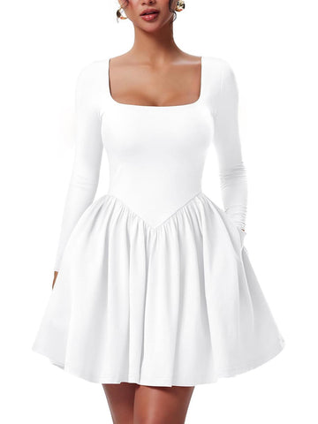 Women's Square Neck Back Belt A Line Ruffle Hem Mini Dress with Pockets