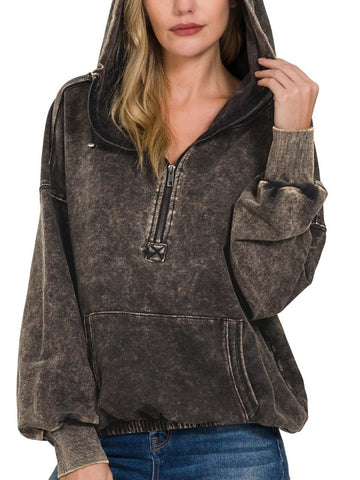 Women's Vintage Acid-Wash Half-Zip Hoodie