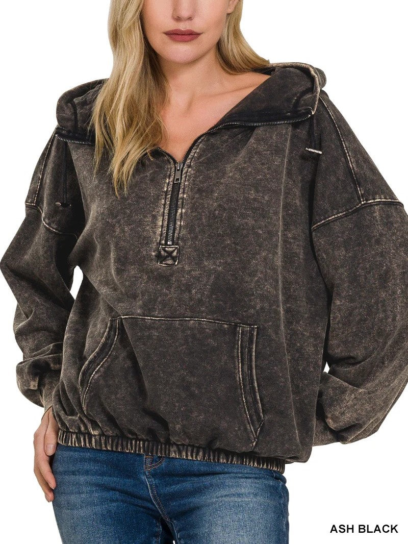Women's Vintage Acid-Wash Half-Zip Hoodie