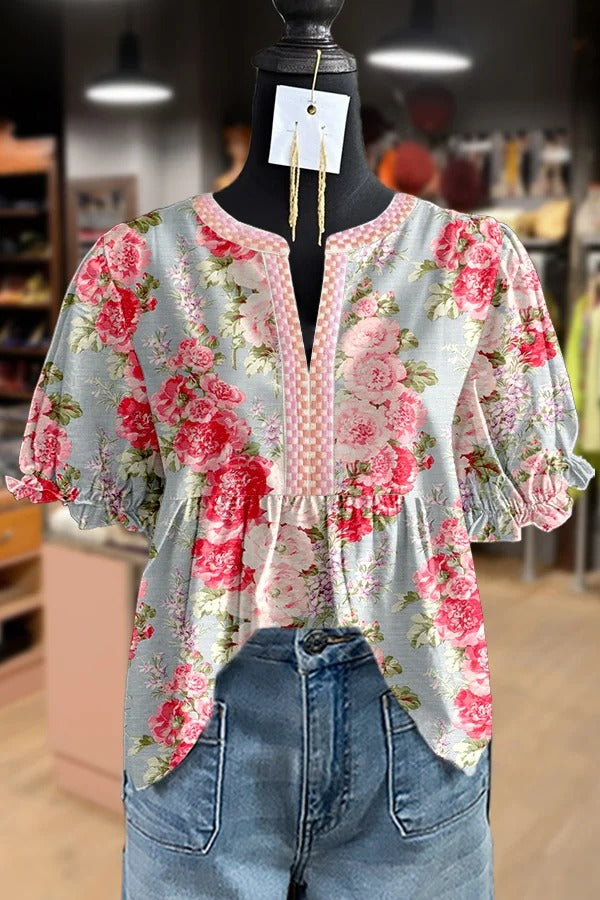 Women's Vintage Floral Print Embroidered Collar Puff Sleeve Top
