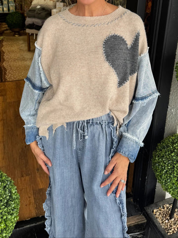 Women's Retro Distressed Heart Denim-Paneled Slouchy Sweater