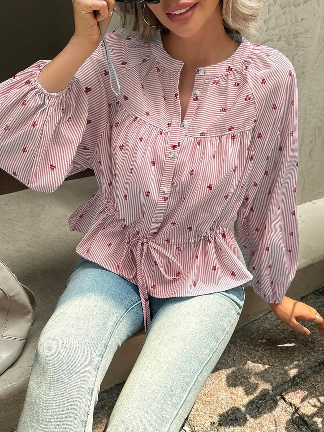 Women's Balloon Sleeve Tie-Waist Striped Top