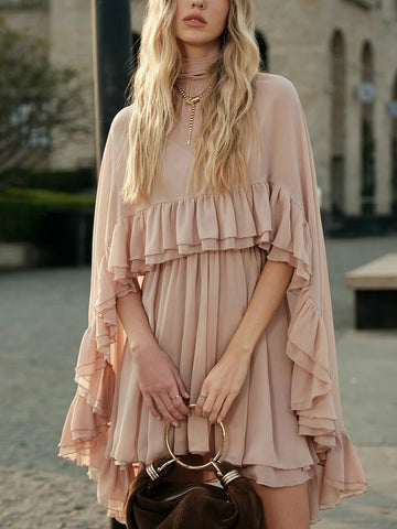 Women's Cape Sleeve Ruffled Chiffon Dress