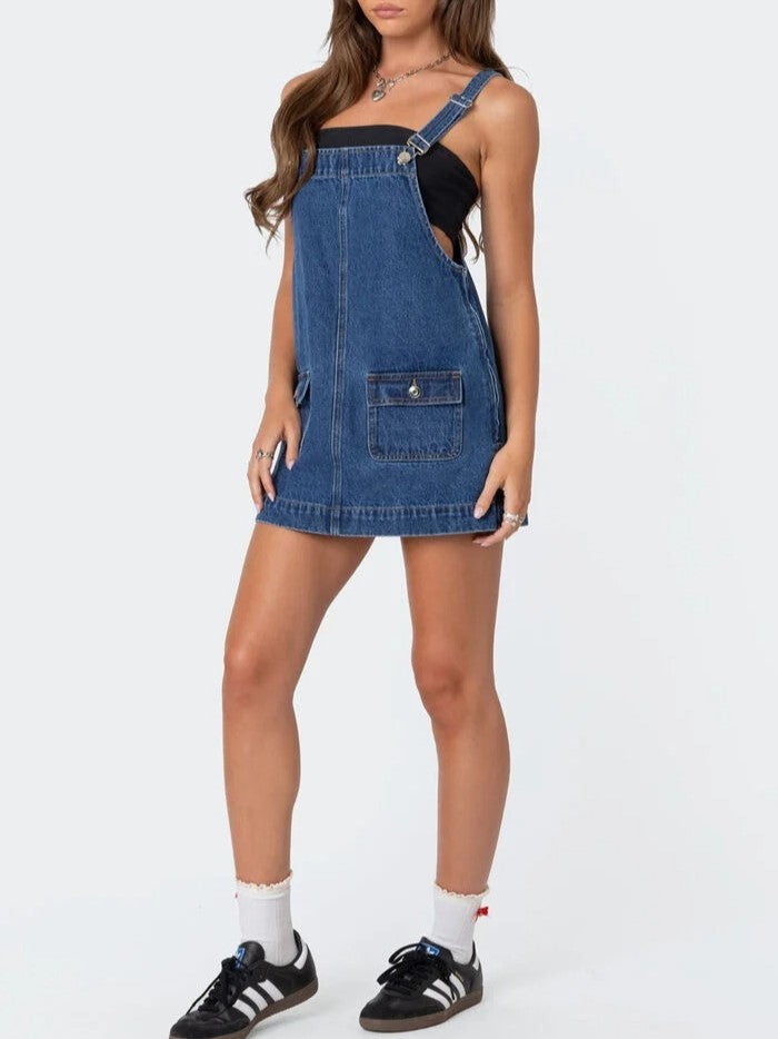Women's Adjustable Straps Denim Overall Mini Dress with Pockets