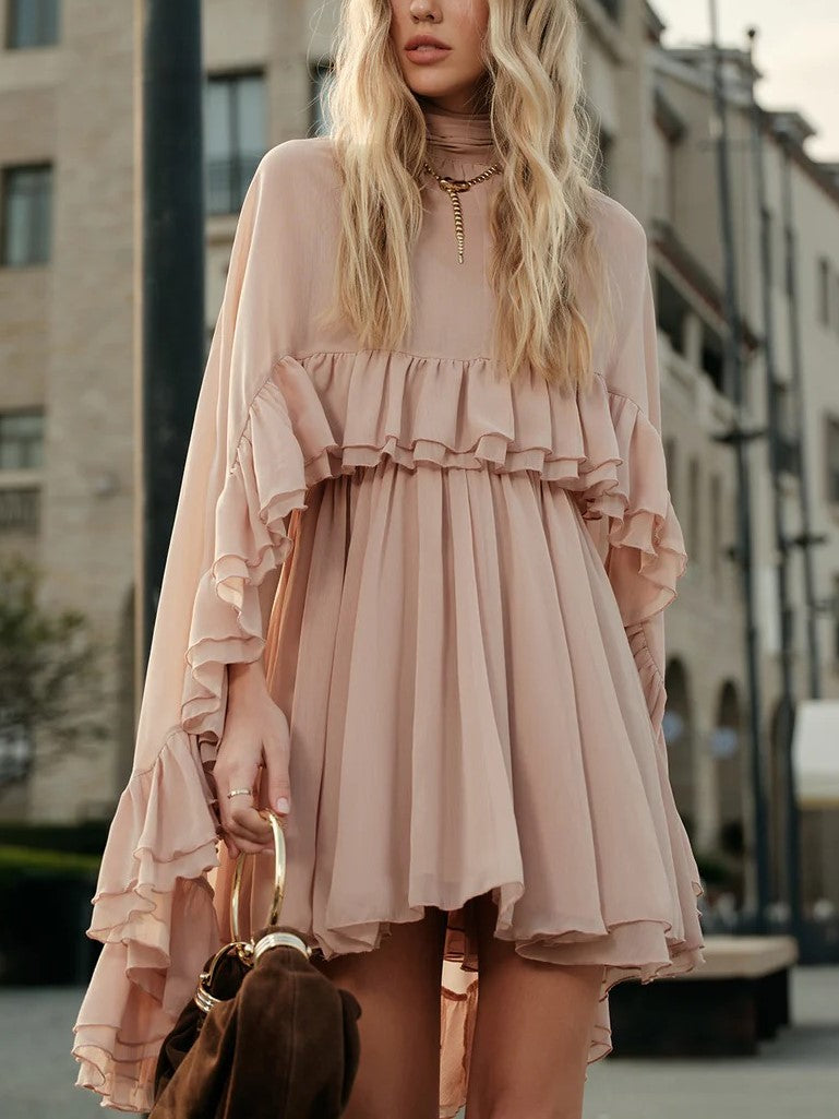 Women's Cape Sleeve Ruffled Chiffon Dress