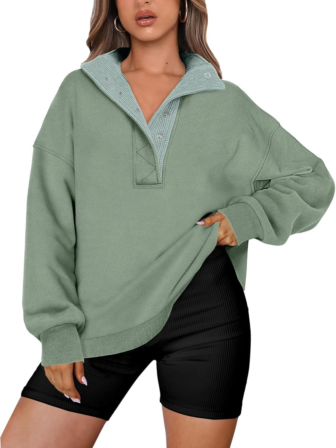Women's Oversized Button Up Henley Pullover Sweatshirt