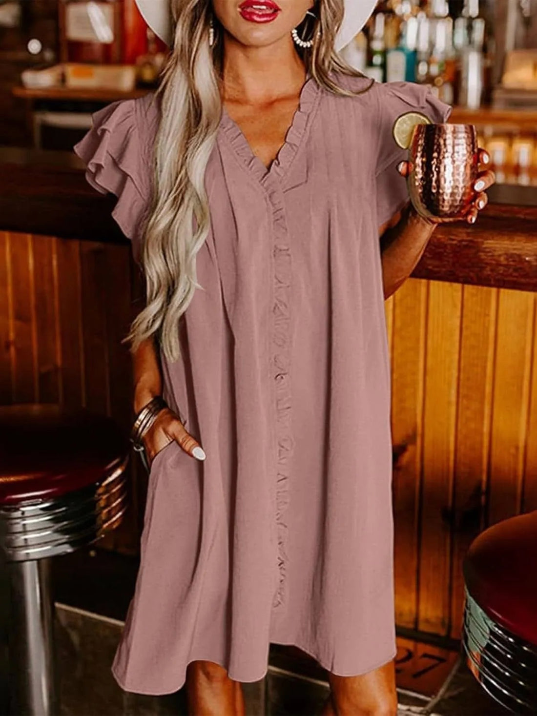 Women's Elegant Ruffle Short Sleeve Buttoned V Neck Pleated Dresses