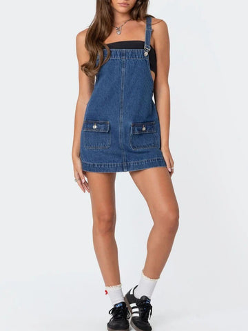 Women's Adjustable Straps Denim Overall Mini Dress with Pockets
