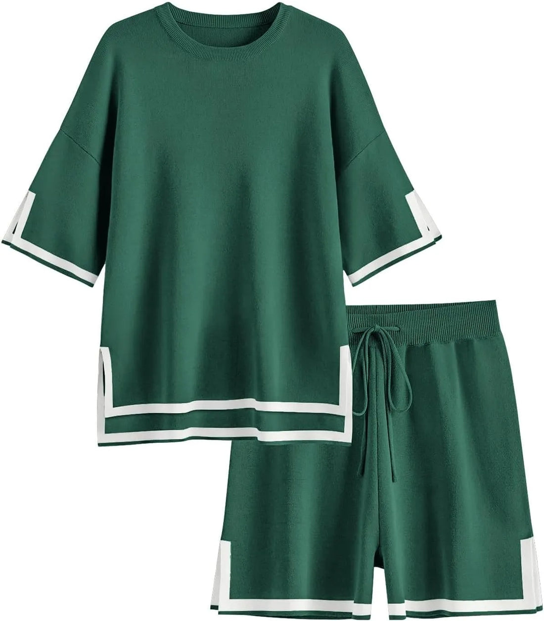 Women's Color Block Knitted Short Sleeve Top And Drawstring Shorts Set