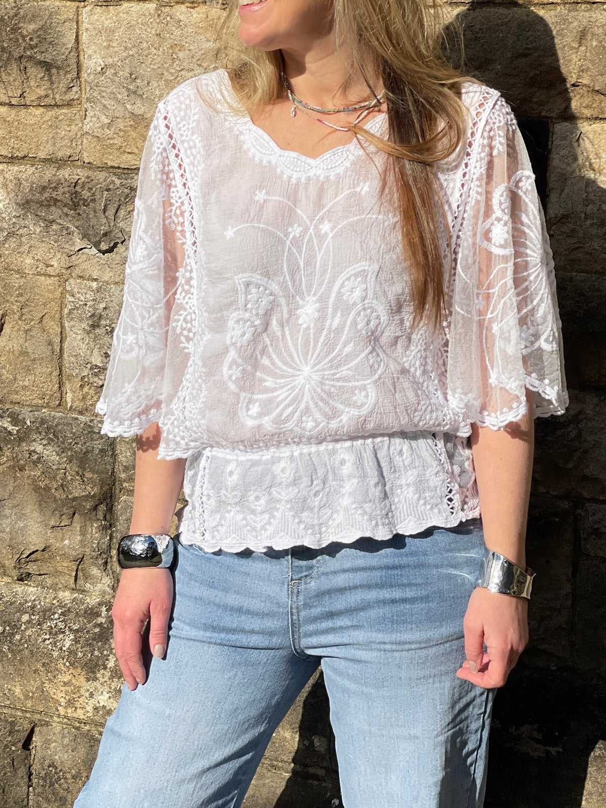 Women's Embroidered Lace Hollow Trumpet Sleeve Shirt Top