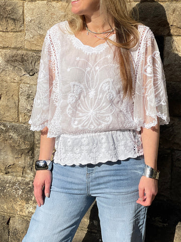 Women's Embroidered Lace Hollow Trumpet Sleeve Shirt Top