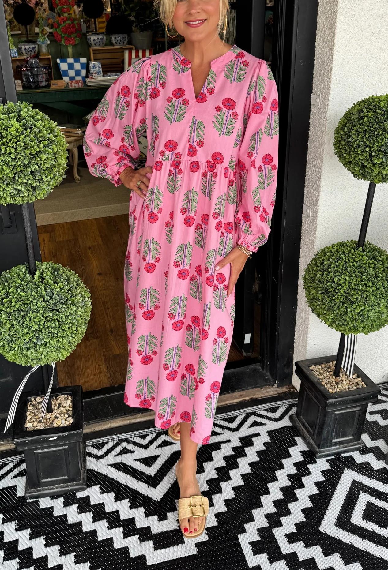 Women's V-neck Printed Long Sleeve Midi Dress