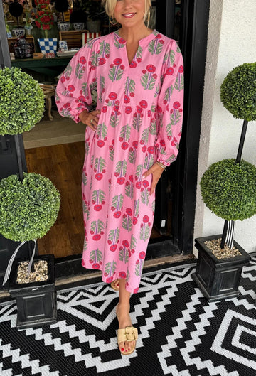 Women's V-neck Printed Long Sleeve Midi Dress