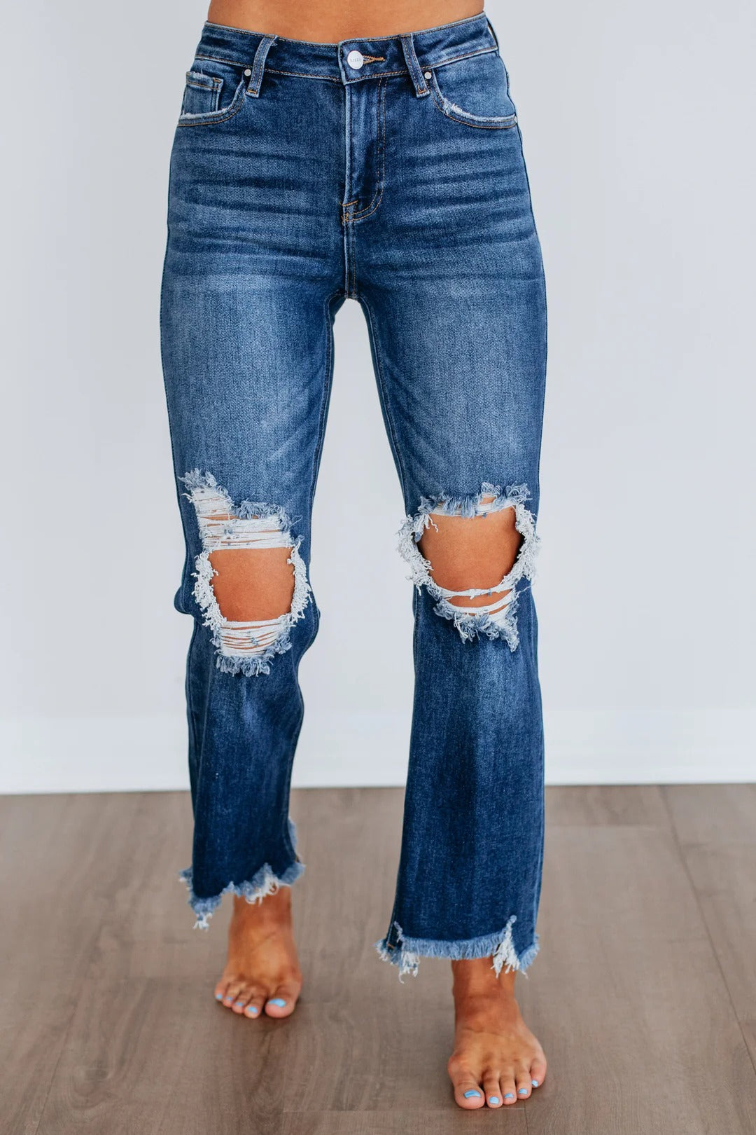 Women's Washed Ripped High Waist Raw Hem Jeans