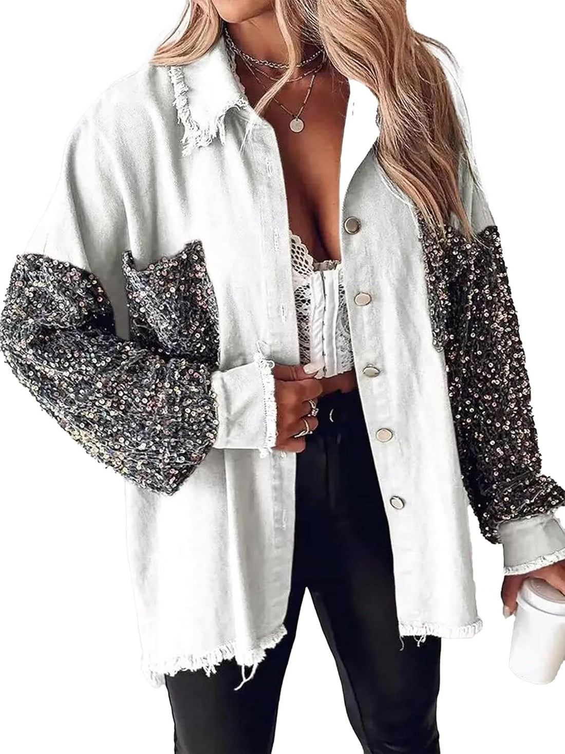 Women's Oversized Sequin Patchwork Long Sleeve Button Front Denim Jacket