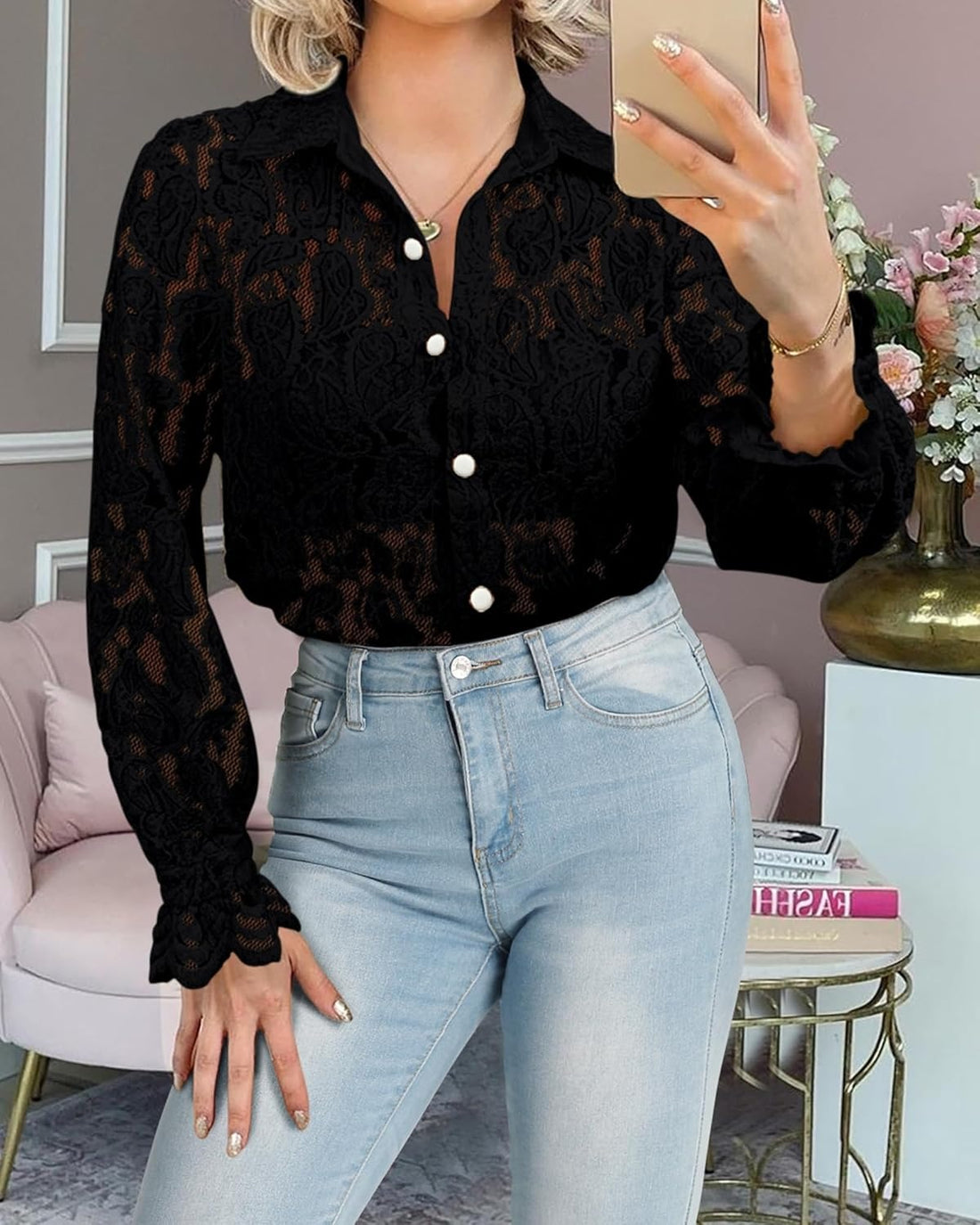 Women's Casual Dressy Lace Button Down Long Sleeve Shirts