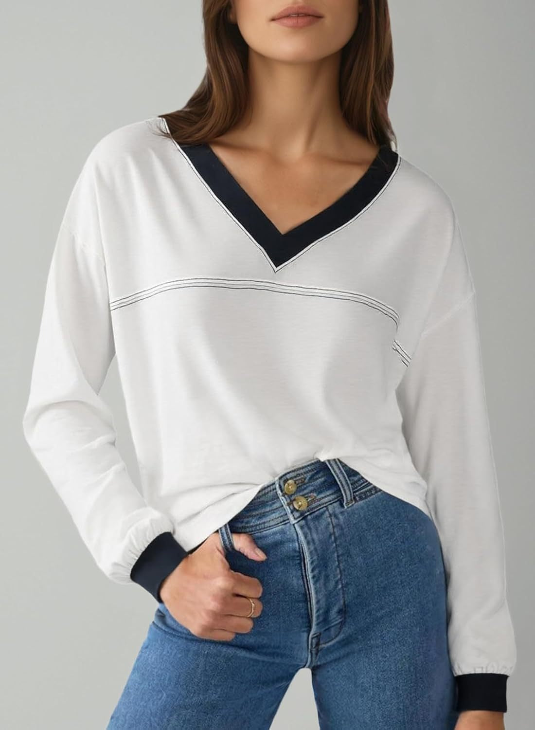 Women's Loose V-Neck Colorblock Sweatshirt