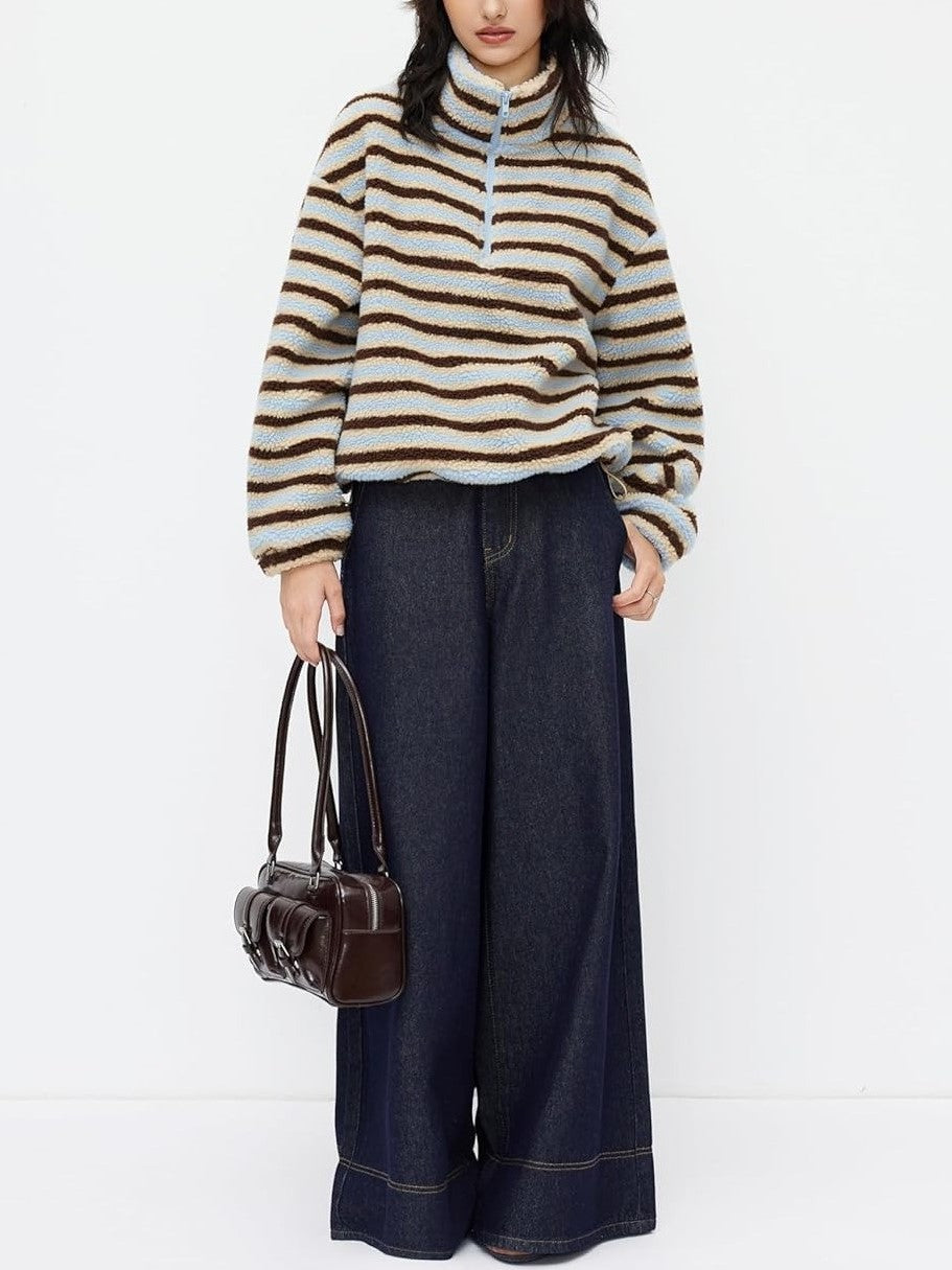 Women's Cozy Striped Fleece Half-Zip Sweater