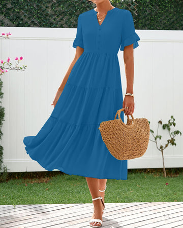 Women's V-Neck Ruffle Short Sleeve A-Line Layered Flowy Dress