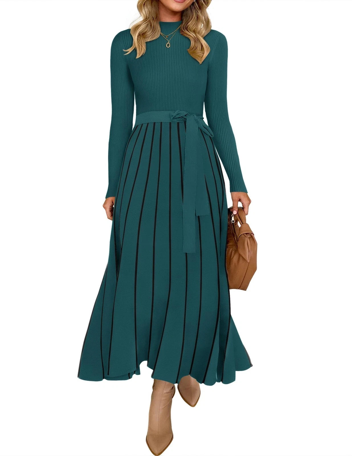 Womens Turtleneck Sweater Dress Tie Waist Casual Loose Ribbed Knit A Line Midi Dresses