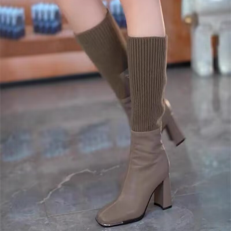 Fashion Stretch Knitted High Chunky Heel Boots for Women