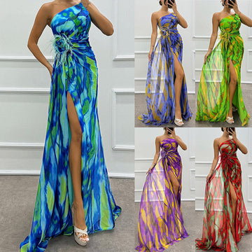 Women's Vibrant One-Shoulder High-Slit Maxi Dress