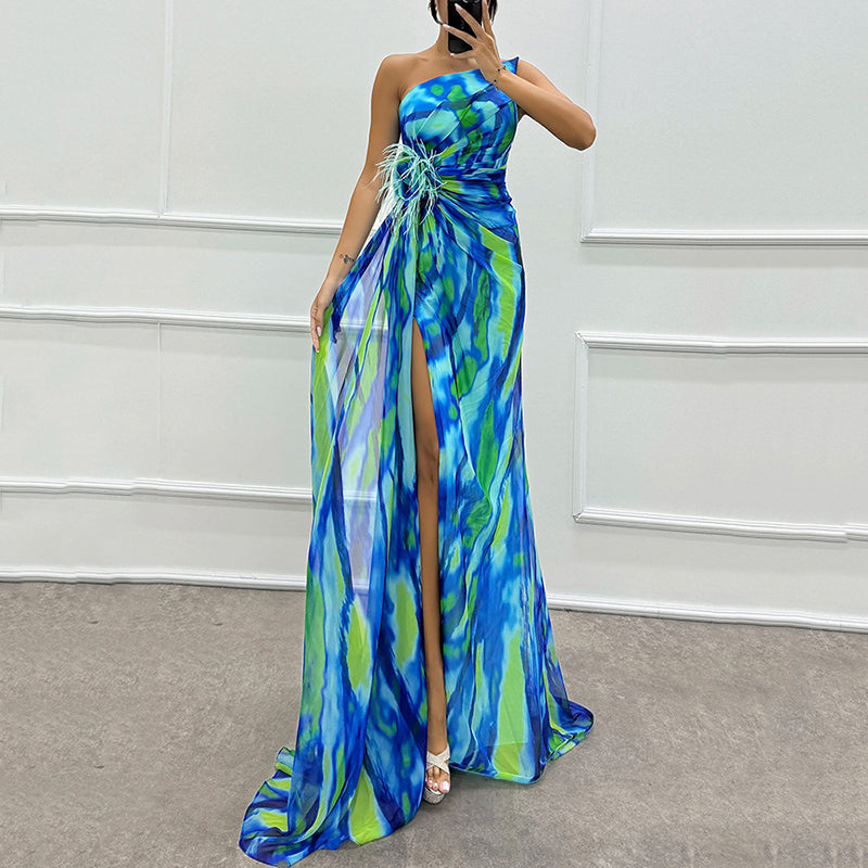 Women's Vibrant One-Shoulder High-Slit Maxi Dress