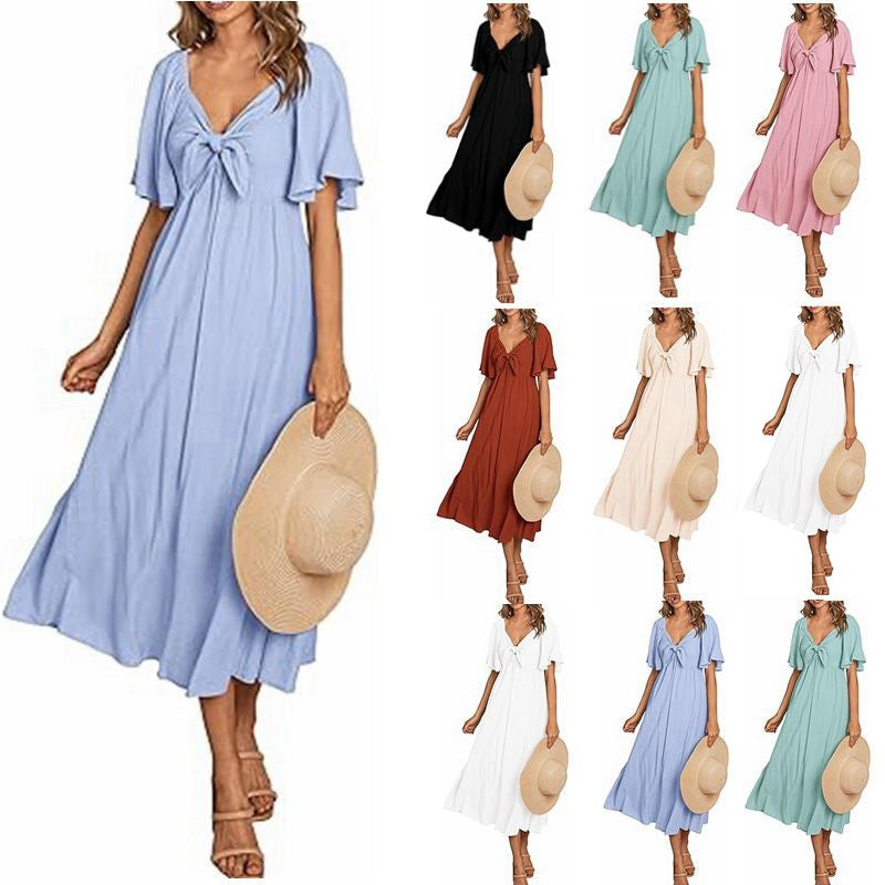 Bowknot V-Neck Pleated Long Dress