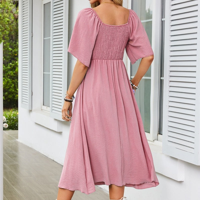 Bowknot V-Neck Pleated Long Dress
