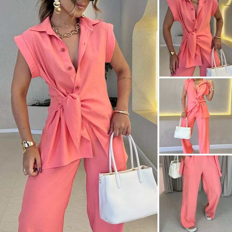 Elegant Waisted Top and Casual Pants Set