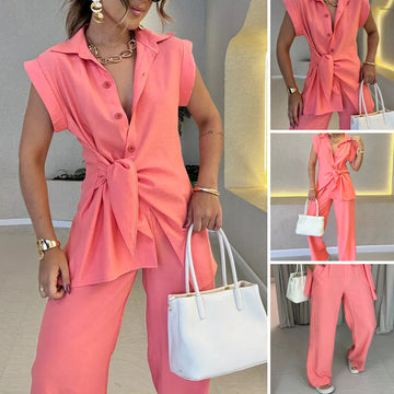 Elegant Waisted Top and Casual Pants Set