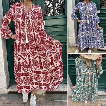 Women's Printed V-Neck Pleated Dress