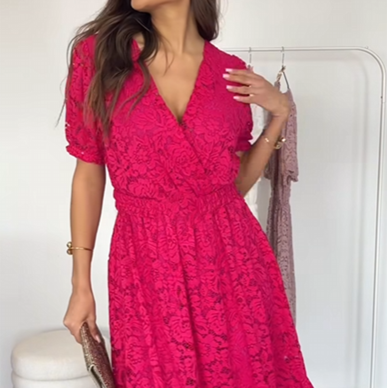 Women's V-Neck Floral Lace Short Sleeve Dress