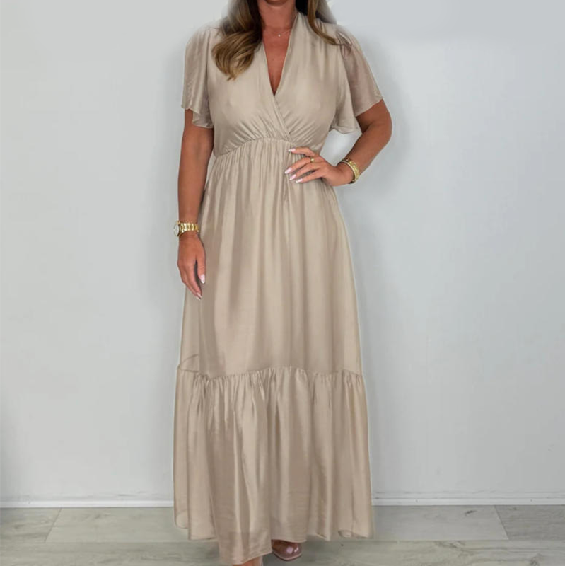 V-Neck Short Sleeve Maxi Dress with Cinched Waist