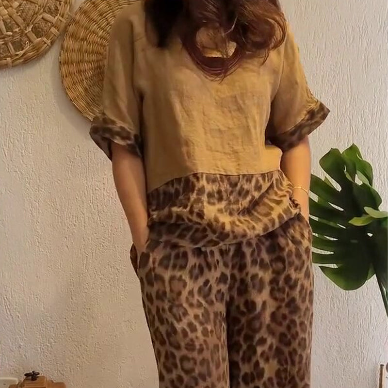 Stylish Patchwork Short Sleeve Top and Wide Leg Pants(2 Piece Set)