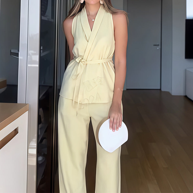 V-Neck Sleeveless Top and Straight-Leg Pants 2-piece Suit