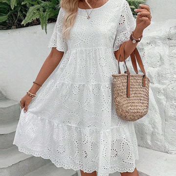 Women's Solid Round Neck Floral Cut-Out Dress