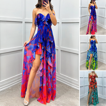 Women's Fashion Printed Mesh Sheath Split Dress