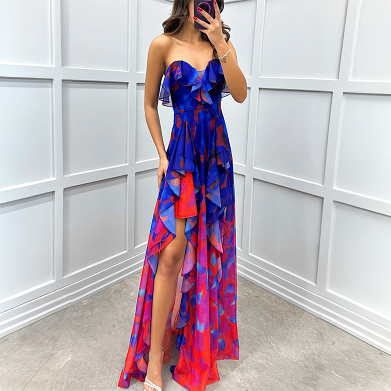 Women's Fashion Printed Mesh Sheath Split Dress